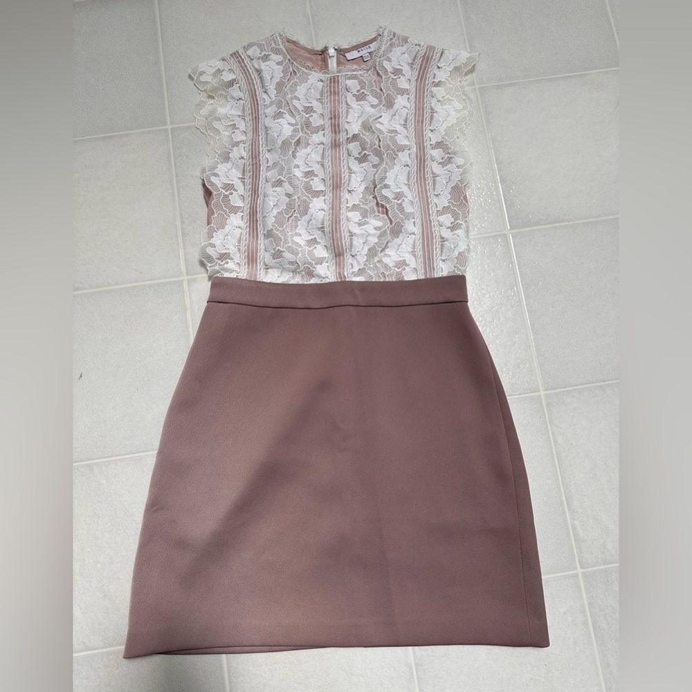Reiss Lace Top Mini Dress in White and Brown